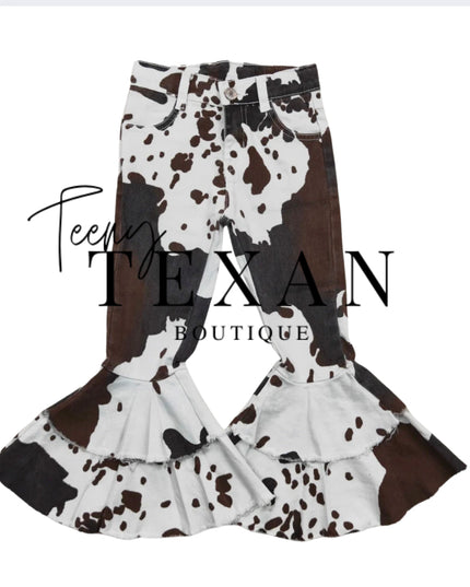 Kids, Brown Cowprint Double Flare Western Bell Bottom Jeans (PRE-ORDER)