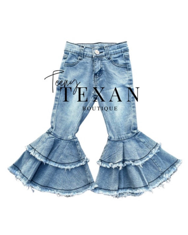 Kids Light Washed Denim Double Bell Bottom Rodeo Jeans